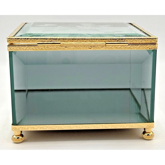 Crystal Glass Mirrored Jewelry Trinket Box Beveled Footed Etched Flower Embossed - Picture 3 of 16